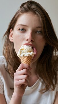 Hot Summer season lifestyle theme. A closeup portrait of a young woman with long, wavy brown hair and striking blue eyes. She holds a waffle cone filled with creamy white ice cream.