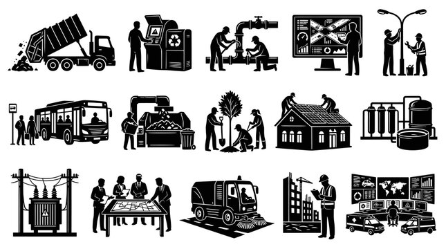 Black and White Icons of Urban Services and City Infrastructure Management
