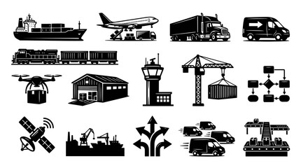 Obraz premium Logistics Icons: Shipping, Air Freight, Trucking, Drone, Warehouse, Crane