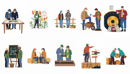 Fototapeta premium A collection of agricultural flat illustrations showing diverse farmers engaged in planting, harvesting, planning, and managing various farm activities and crops.