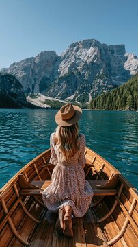 Hot Summer season lifestyle theme. A vivid portrayal of a serene lakeside scene. A woman sits in a wooden boat, facing away from the viewer.