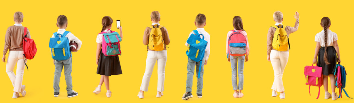 Set of many students of different age on yellow background, back view