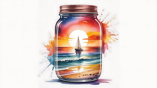 Vibrant watercolor scene of a serene sunset ocean with a sailboat painted inside a glass jar