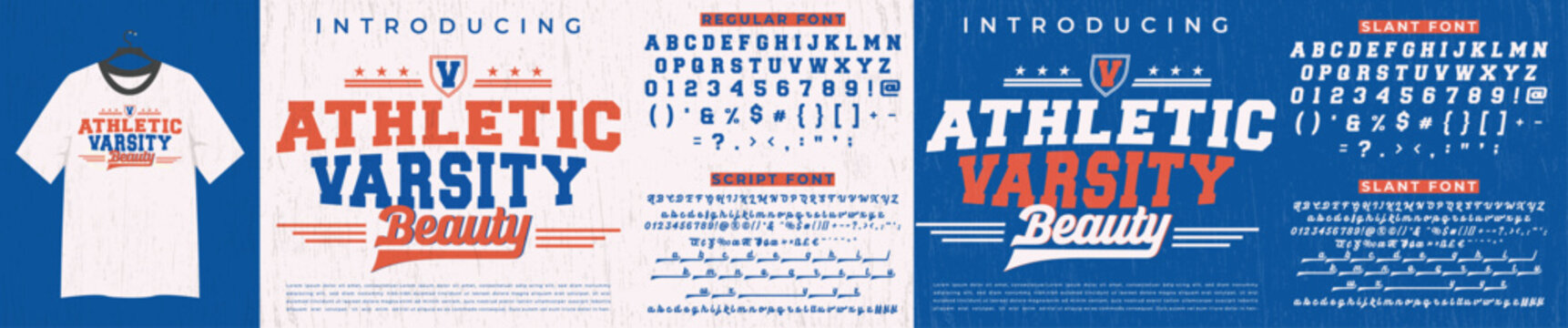 Athletic varsity typography collection with vintage t-shirt design and textured serif script font alphabet