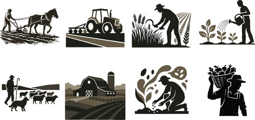 Fototapeta premium Agriculture and farming silhouette icon set vector illustration of traditional and modern farm work isolated on white background