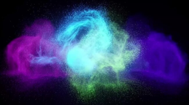 Colorful powder explosion background vibrant abstract cloud with glowing energy swirl in dark space dynamic motion art design vivid spray texture dust effect fantasy celebration creativity concept