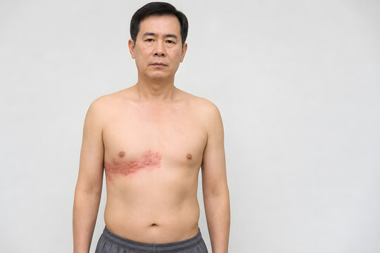 Unilateral blistering rash across left chest and ribs