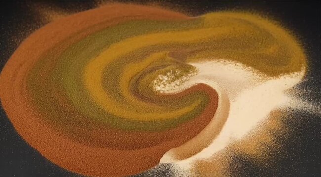Colorful powder explosion background swirl of mixed spice seasoning and herb on dark surface forms abstract spiral pattern with vibrant motion and soft texture creating artful culinary design