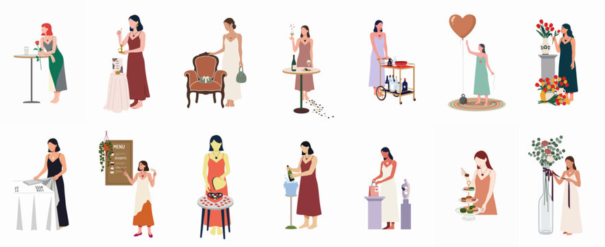 Set of flat vector illustrations depicting women in various event planning, catering, and romantic celebration scenes on a white background.