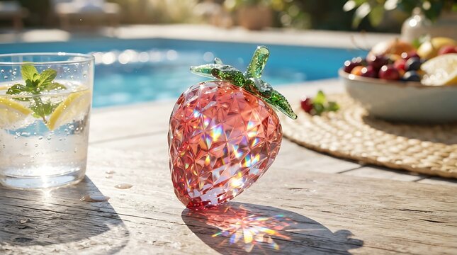 A decorative crystal strawberry figurine placed on a wooden table by a swimming pool in summer.