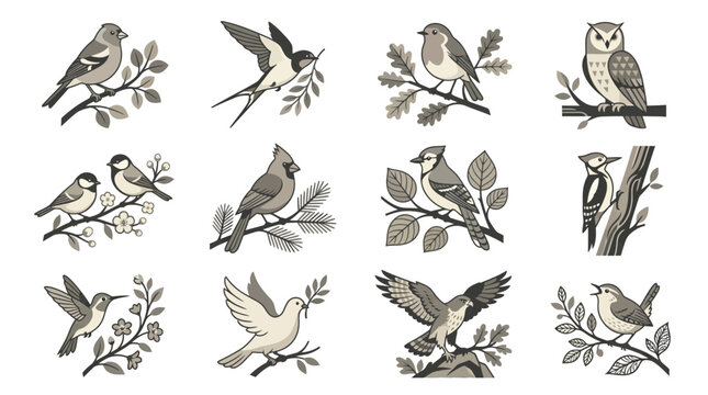 Shaded realistic bird illustrations on branches.