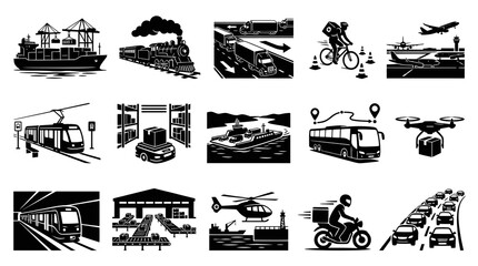 Obraz premium Logistics Transportation Delivery Black White Glyph Icons - Freight Shipping Vehicles Supply Chain Pictograms
