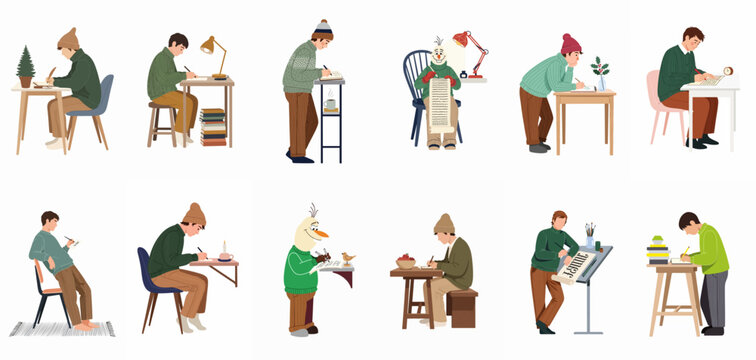 Collection of characters and young men writing or drawing at desks, featuring a cozy winter theme with flat vector illustrations.