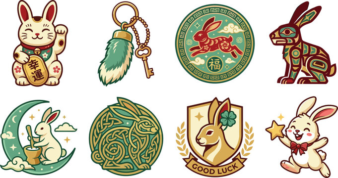 Lucky rabbit symbol icon set featuring cultural good luck charms and traditional zodiac vector designs