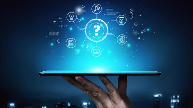 Futuristic Technology Concept with Hand Holding Tablet Displaying Digital Icons and Symbols Representing Data Analysis and Information Flow. Entropy.