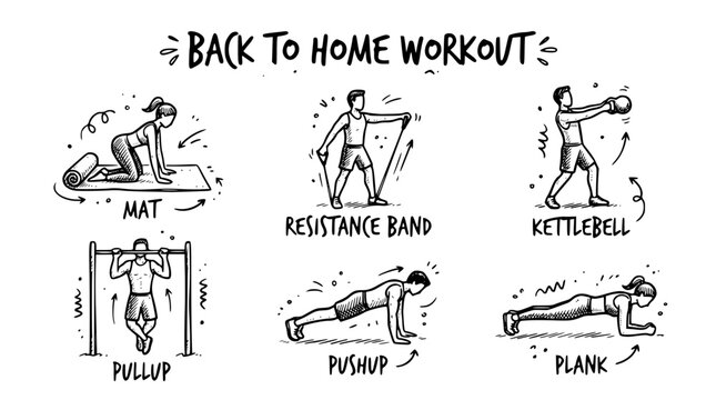 Hand drawn home workout icons mat resistance band kettlebell pullup pushup plank, black ink sketch vector illustration
