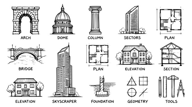 Hand drawn architecture icons blueprint arch dome column bridge skyscraper plan, black ink sketch vector illustration