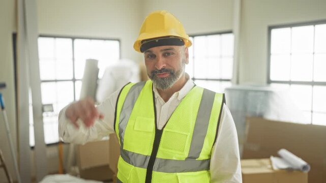 Man holding yellow hardhat and wearing safety vest in building under renovation with boxes and ladder visible; confidence progress.