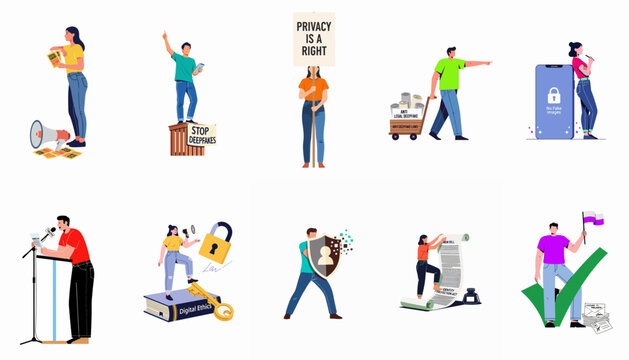 Illustration set depicting digital ethics, privacy rights, anti-deepfake activism, identity protection, and legislation for online safety and data security.
