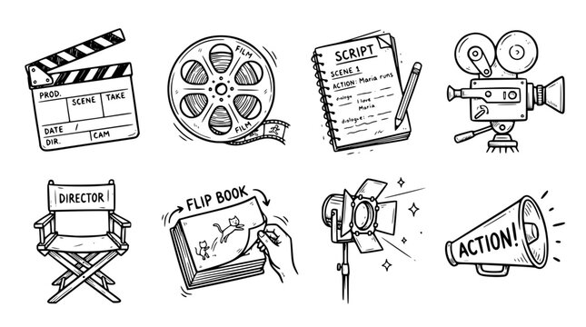 Hand drawn animation film icons clapperboard reel script camera director chair scene, black ink sketch vector illustration
