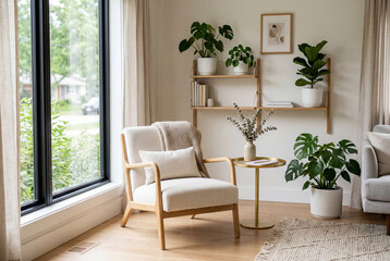 Fototapeta premium Minimalist scandinavian living room interior featuring cream armchair and green plants near window