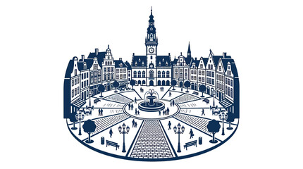 European City Square Fountain Architecture Buildings People Street Lanterns Trees illustration © Kardus