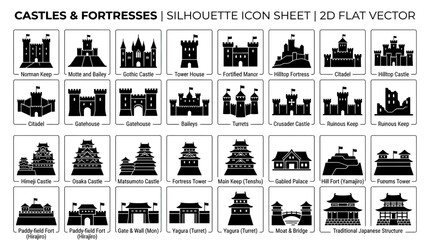 Castle Silhouette Icons: Medieval Fortresses, Towers, and Japanese Architecture © Kardus