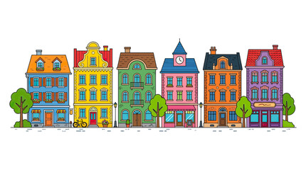 Fototapeta premium Colorful European Townhouse Row with Trees and Streetlamps