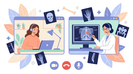 Fototapeta premium Telemedicine collaboration between doctors and patient through multiple screens and digital imaging in a modern healthcare setup.