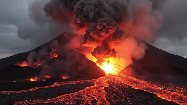 Massive volcanic eruption with flowing lava, thick dark ash clouds, and intense heat.