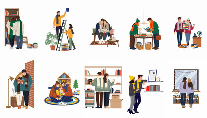 Flat vector illustration collection of cozy couples reading and shopping for books in winter attire, featuring bookshelves and libraries. © Priya