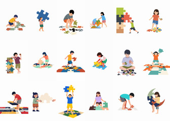 Fototapeta premium Collection of diverse children playing with large jigsaw puzzle pieces, illustrating teamwork, problem-solving, and creative learning in a flat vector style.