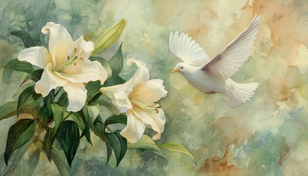 White doves and lilies in soft watercolor painting
