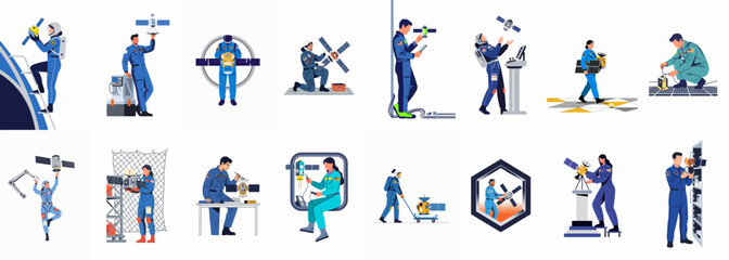 Fototapeta premium Set of diverse illustrations depicting aerospace engineers and astronauts working on satellite assembly, maintenance, and space exploration missions.