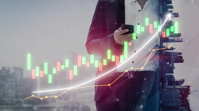 A business professional uses a smartphone to analyze financial trends, surrounded by holographic graphs showcasing growth in a modern urban setting. Copula