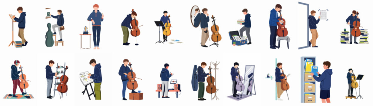 Comprehensive Illustration Set Depicting the Daily Routine, Practice Habits, and Musical Journey of a Dedicated Young Cellist.