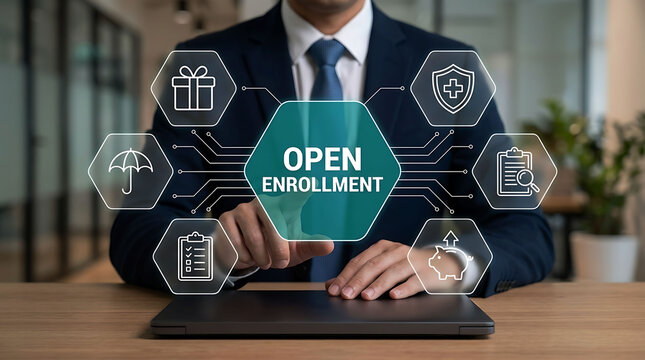 Business man touching open enrollment digital icon interface in office