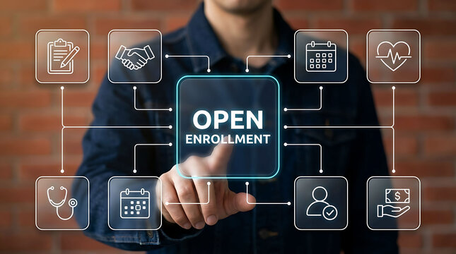 Open enrollment concept with businessman touching screen and health icons