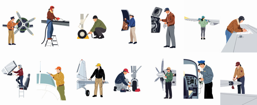 Comprehensive collection of illustrations showing pilots and mechanics performing pre-flight inspections and maintenance on light aircraft.