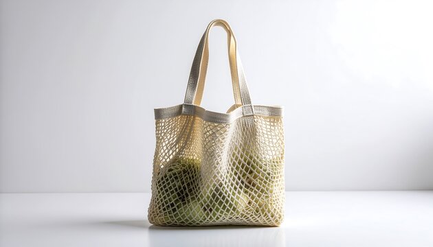 Reusable mesh shopping bag with fresh green produce