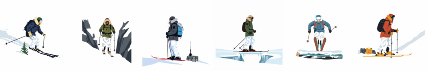 Panoramic collection of arctic explorers and skiers in winter gear navigating a snowy mountain landscape and performing various activities in extreme cold. © Mairiko