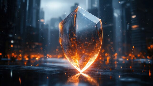 glowing translucent crystal shield with fiery orange core on wet reflective city street in rain, blurred skyscrapers and sparks, evoking protection and awe