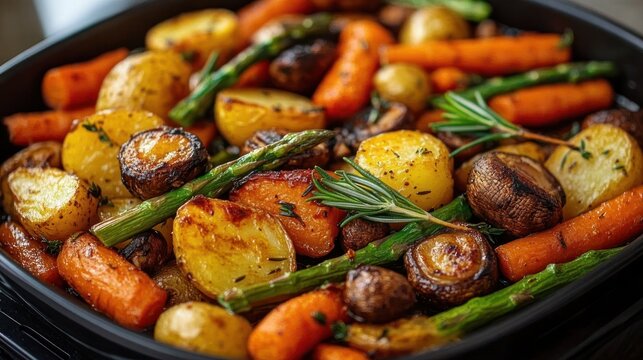 golden oven-roasted baby potatoes, glazed carrots, whole mushrooms and asparagus with rosemary and herbs, warm comforting rustic vegetable medley