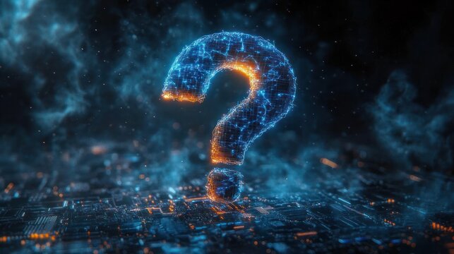 glowing digital question mark hovering above a lit circuit board with blue energy, orange sparks and smoky nebula background, evoking futuristic curiosity and mysterious intrigue
