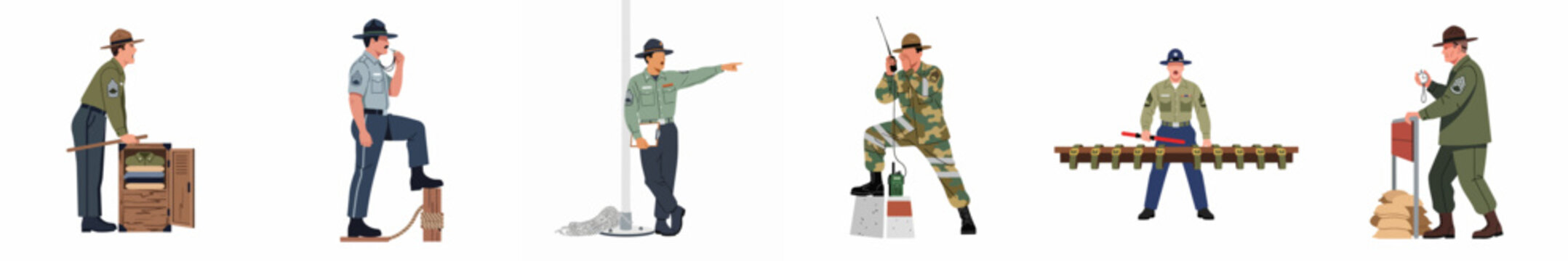 Set of illustrations depicting military drill sergeants in different uniforms and active training poses, including shouting orders and using tactical equipment.