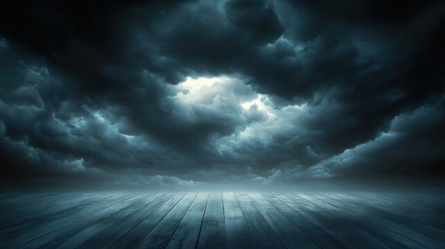 wet wooden deck under swirling storm clouds with a bright opening of light, dramatic and ominous atmosphere