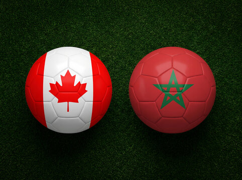 Soccer balls with canada and morocco country flags on a dark textured background