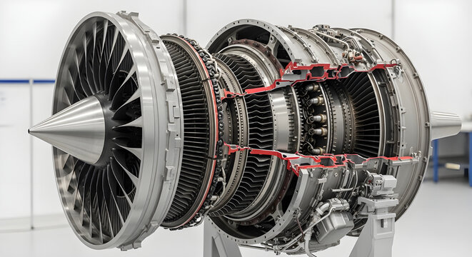 motor de turbina de aeronave, mostrando a poderosa tecnologia aeron&aacute;utica. Detalhe da engenharia do sistema de propuls&atilde;o a jato com p&aacute;s met&aacute;licas e design de alto desempenho.