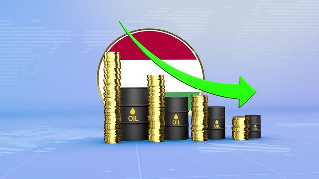 Hungary Oil Prices Decline with Oil Barrels, Gold Coins and Downward Green Arrow, 3D Economic and Financial Market Concept