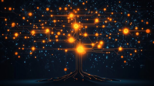 Glowing digital tree of circuits with orange nodes and roots on a dark starry background, evoking futuristic connectivity and energetic technological wonder